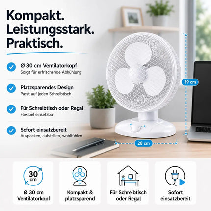Tischventilator mit 90° Oszillation – Leiser Ventilator mit 3 Geschwindigkeitsstufen und tragbarem Design (Ventilator Ø 25 cm)