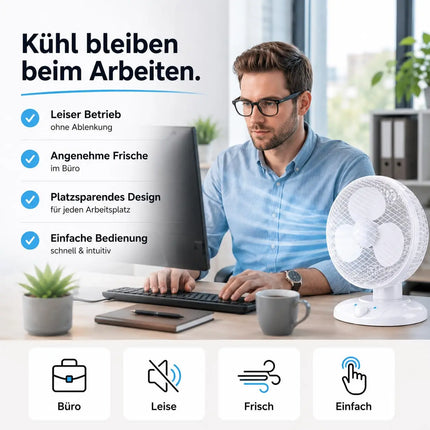 Tischventilator mit 90° Oszillation – Leiser Ventilator mit 3 Geschwindigkeitsstufen und tragbarem Design (Ventilator Ø 25 cm)