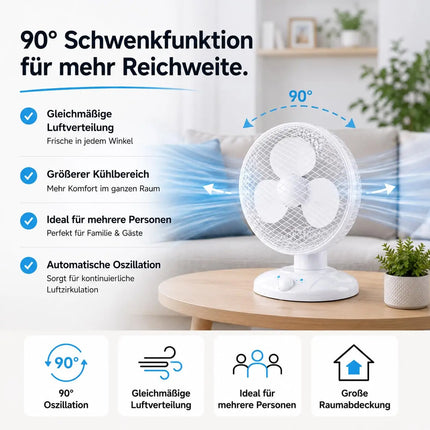 Tischventilator mit 90° Oszillation – Leiser Ventilator mit 3 Geschwindigkeitsstufen und tragbarem Design (Ventilator Ø 25 cm)