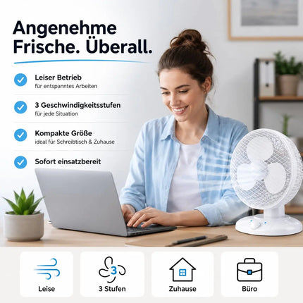 Tischventilator mit 90° Oszillation – Leiser Ventilator mit 3 Geschwindigkeitsstufen und tragbarem Design (Ventilator Ø 25 cm)