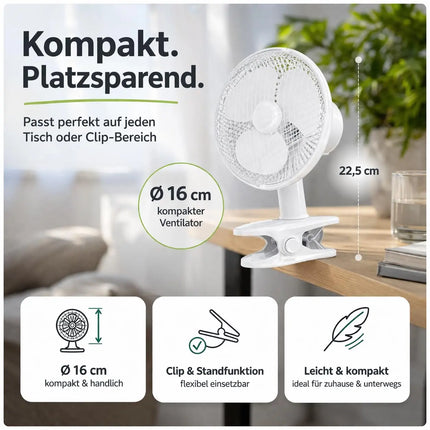 Tischventilator mit 90° Oszillation – Leiser Ventilator mit 3 Geschwindigkeitsstufen und tragbarem Design (Ventilator mit Clip Ø 16 cm)
