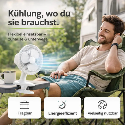 Tischventilator mit 90° Oszillation – Leiser Ventilator mit 3 Geschwindigkeitsstufen und tragbarem Design (Ventilator mit Clip Ø 16 cm)