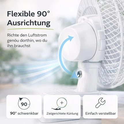 Tischventilator mit 90° Oszillation – Leiser Ventilator mit 3 Geschwindigkeitsstufen und tragbarem Design (Ventilator mit Clip Ø 16 cm)