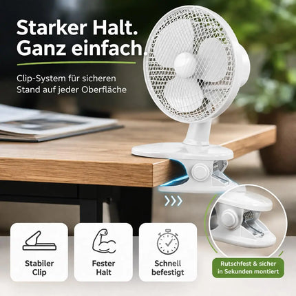 Tischventilator mit 90° Oszillation – Leiser Ventilator mit 3 Geschwindigkeitsstufen und tragbarem Design (Ventilator mit Clip Ø 16 cm)