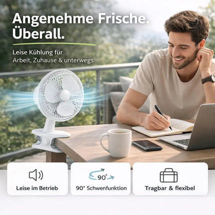 Tischventilator mit 90° Oszillation – Leiser Ventilator mit 3 Geschwindigkeitsstufen und tragbarem Design (Ventilator mit Clip Ø 16 cm)