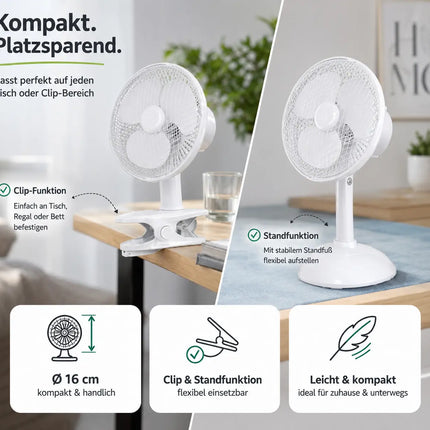 Tischventilator mit 90° Oszillation – Leiser Ventilator mit 3 Geschwindigkeitsstufen und tragbarem Design (Ventilator mit Clip Ø 16 cm)