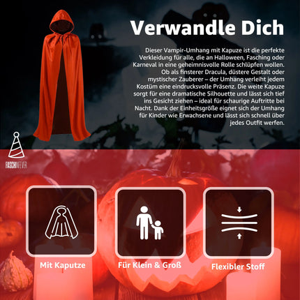 Umhang rot & schwarz mit Kaputze - für Halloween & Fasching & Karneval Vampir Kostüm für Kinder & Erwachsene, Beidseitig - TK Gruppe® Offizieller Onlineshop