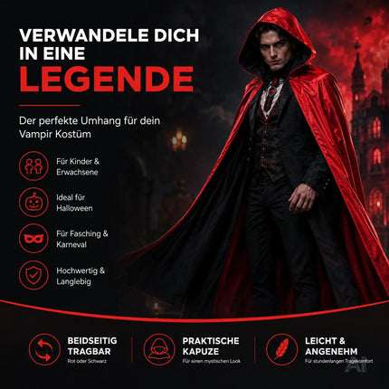 Umhang rot & schwarz mit Kaputze - für Halloween & Fasching & Karneval Vampir Kostüm für Kinder & Erwachsene, Beidseitig