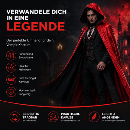 Umhang rot & schwarz mit Kaputze - für Halloween & Fasching & Karneval Vampir Kostüm für Kinder & Erwachsene, Beidseitig