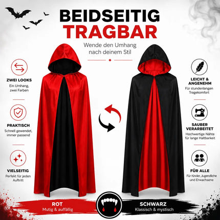 Umhang rot & schwarz mit Kaputze - für Halloween & Fasching & Karneval Vampir Kostüm für Kinder & Erwachsene, Beidseitig