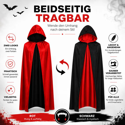 Umhang rot & schwarz mit Kaputze - für Halloween & Fasching & Karneval Vampir Kostüm für Kinder & Erwachsene, Beidseitig