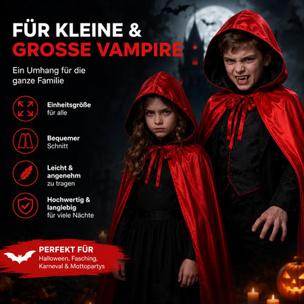 Umhang rot & schwarz mit Kaputze - für Halloween & Fasching & Karneval Vampir Kostüm für Kinder & Erwachsene, Beidseitig