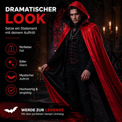 Umhang rot & schwarz mit Kaputze - für Halloween & Fasching & Karneval Vampir Kostüm für Kinder & Erwachsene, Beidseitig