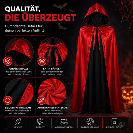 Umhang rot & schwarz mit Kaputze - für Halloween & Fasching & Karneval Vampir Kostüm für Kinder & Erwachsene, Beidseitig