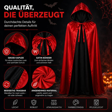 Umhang rot & schwarz mit Kaputze - für Halloween & Fasching & Karneval Vampir Kostüm für Kinder & Erwachsene, Beidseitig