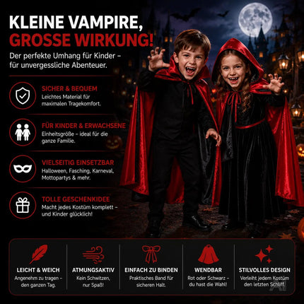 Umhang rot & schwarz mit Kaputze - für Halloween & Fasching & Karneval Vampir Kostüm für Kinder & Erwachsene, Beidseitig