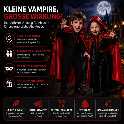 Umhang rot & schwarz mit Kaputze - für Halloween & Fasching & Karneval Vampir Kostüm für Kinder & Erwachsene, Beidseitig
