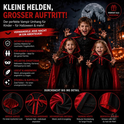 Umhang rot & schwarz mit Kaputze - für Halloween & Fasching & Karneval Vampir Kostüm für Kinder & Erwachsene, Beidseitig
