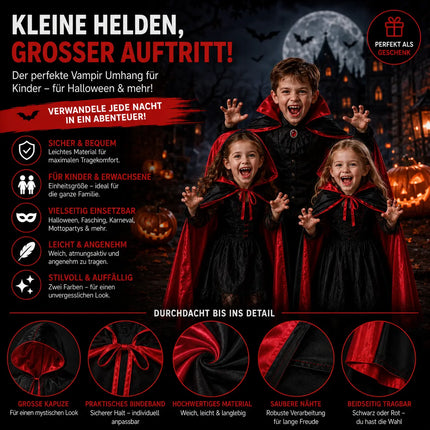 Umhang rot & schwarz mit Kaputze - für Halloween & Fasching & Karneval Vampir Kostüm für Kinder & Erwachsene, Beidseitig