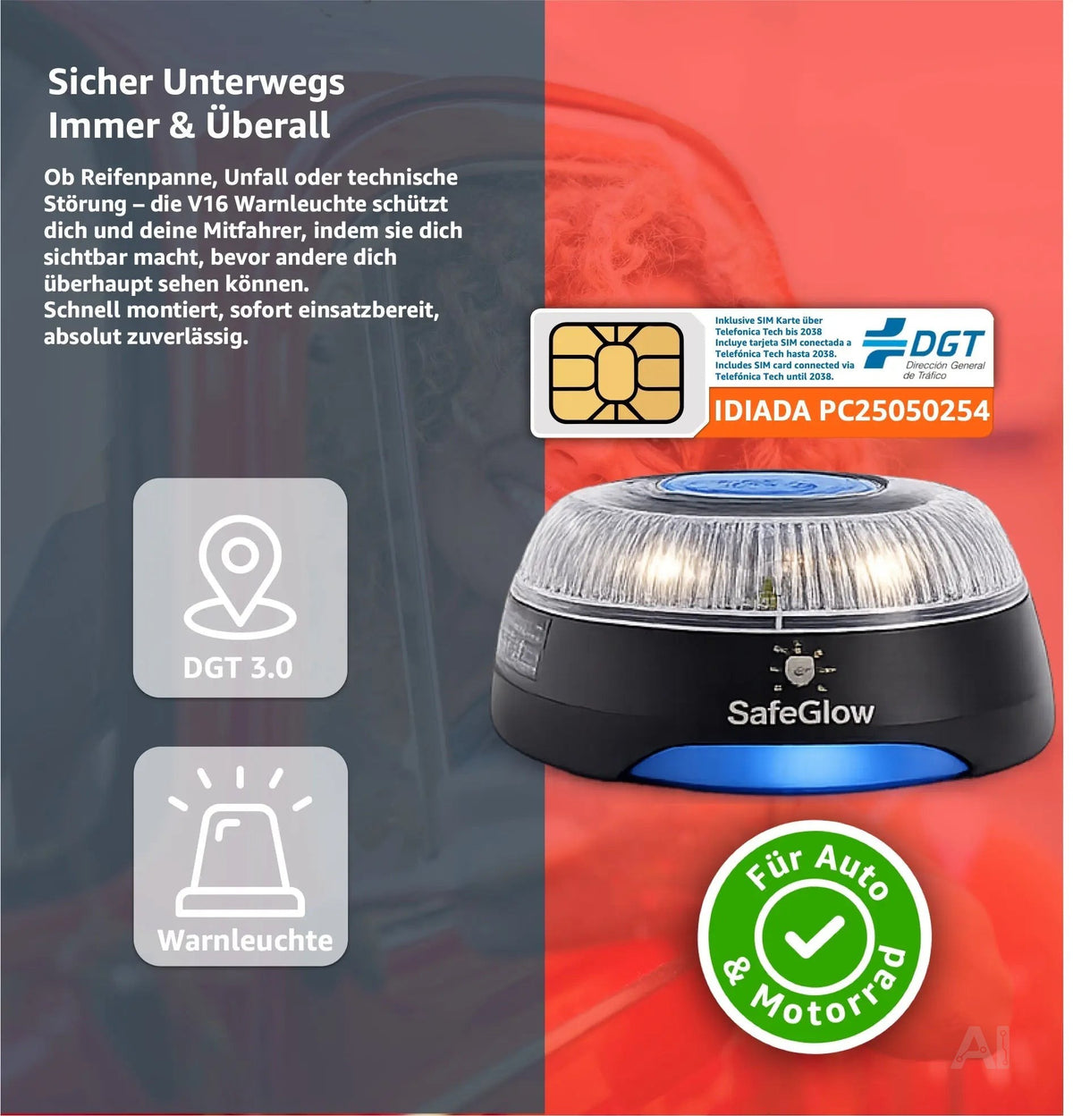V16 DGT 3.0 Notfall-Warnleuchte mit SIM Karte – IDIADA PC21020060 – Pflicht ab 2026 in Spanien – Detailansicht 2