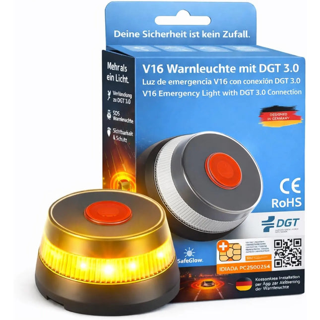 V16 DGT 3.0 Warnleuchte mit integrierter SIM – LED-Notfalllicht für Spanien 2026 – IDIADA Zulassung