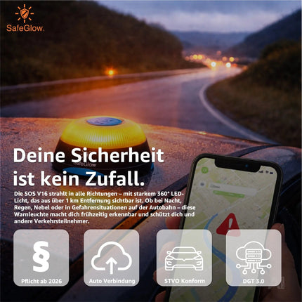 V16 DGT 3.0 Warnleuchte mit integrierter SIM – LED-Notfalllicht für Spanien 2026 – IDIADA Zulassung