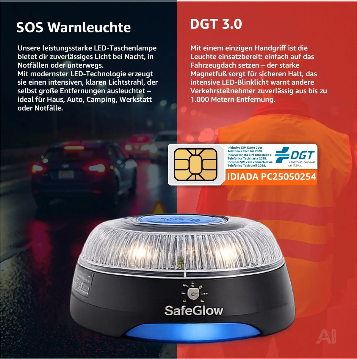 V16 Sicherheits-Warnleuchte DGT 3.0 inkl. SIM – Notlicht für Auto, Motorrad – IDIADA PC21020060 – Detailansicht 2