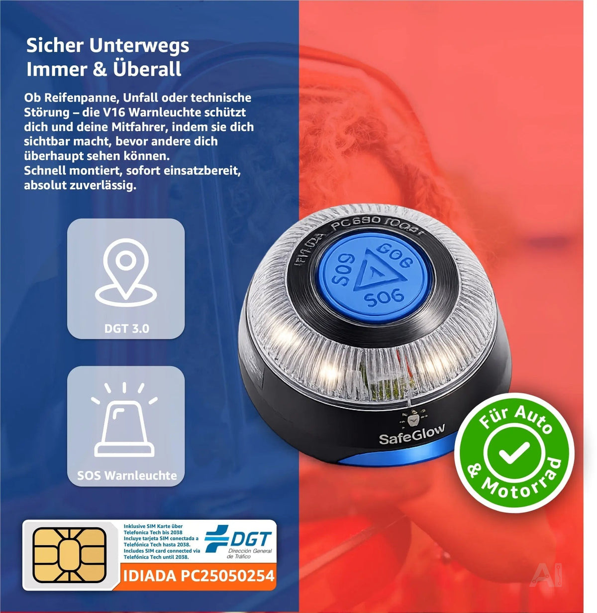 V16 Warnleuchte DGT 3.0 mit SIM – Pflicht ab 2026 in Spanien – IDIADA Zulassung PC21020060 – Detailansicht 2