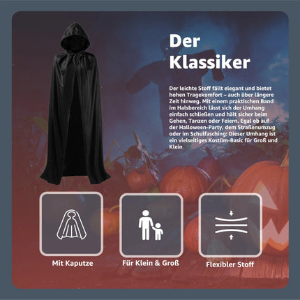 Vampir Halloween Kostüm schwarz Verkleidung für Kinder & Erwachsene - Umhang mit Kaputze - Fasching & Karneval - TK Gruppe® Offizieller Onlineshop
