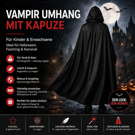 Vampir Halloween Kostüm schwarz Verkleidung für Kinder & Erwachsene - Umhang mit Kaputze - Fasching & Karneval