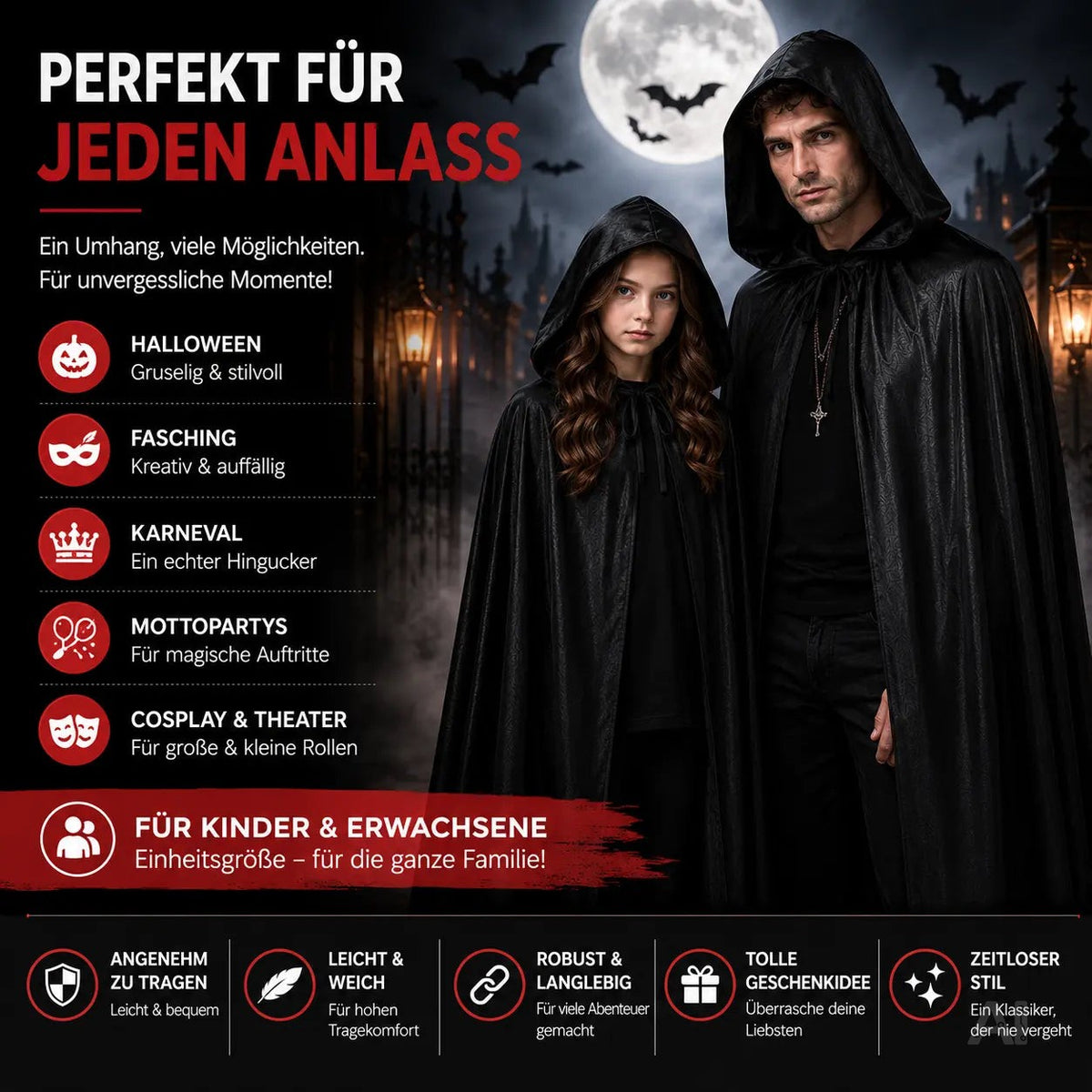 Vampir Halloween Kostüm schwarz Verkleidung für Kinder & Erwachsene - Umhang mit Kapuze – Detailansicht 3