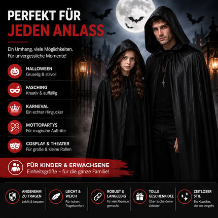 Vampir Halloween Kostüm schwarz Verkleidung für Kinder & Erwachsene - Umhang mit Kaputze - Fasching & Karneval