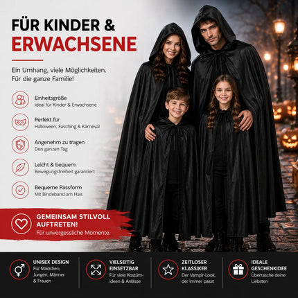 Vampir Halloween Kostüm schwarz Verkleidung für Kinder & Erwachsene - Umhang mit Kaputze - Fasching & Karneval