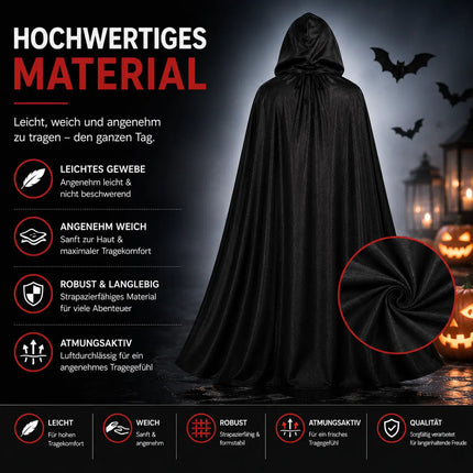 Vampir Halloween Kostüm schwarz Verkleidung für Kinder & Erwachsene - Umhang mit Kaputze - Fasching & Karneval
