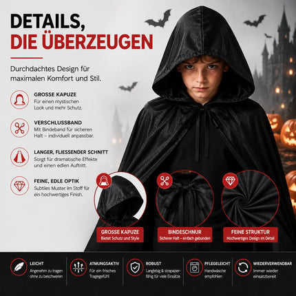 Vampir Halloween Kostüm schwarz Verkleidung für Kinder & Erwachsene - Umhang mit Kaputze - Fasching & Karneval