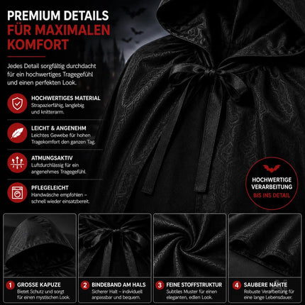 Vampir Halloween Kostüm schwarz Verkleidung für Kinder & Erwachsene - Umhang mit Kapuze – Detailansicht 7