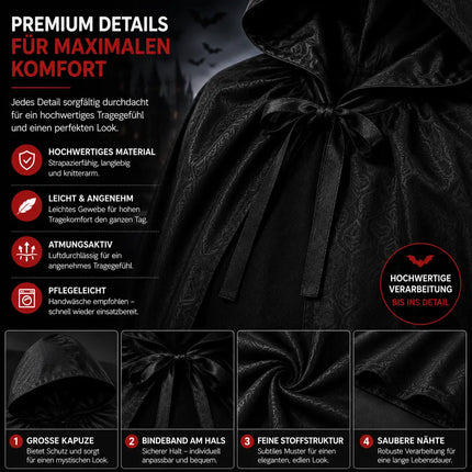 Vampir Halloween Kostüm schwarz Verkleidung für Kinder & Erwachsene - Umhang mit Kaputze - Fasching & Karneval