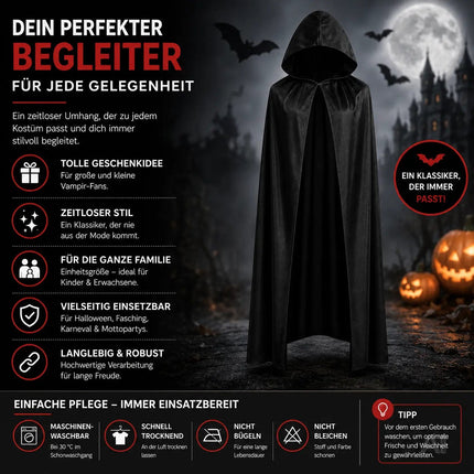 Vampir Halloween Kostüm schwarz Verkleidung für Kinder & Erwachsene - Umhang mit Kapuze – Detailansicht 8