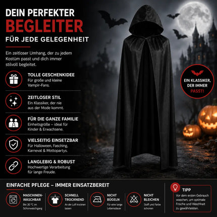 Vampir Halloween Kostüm schwarz Verkleidung für Kinder & Erwachsene - Umhang mit Kaputze - Fasching & Karneval