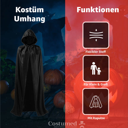 Vampir Kostüm - Umhang schwarz mit Kaputze - Verkleidung für Halloween & Fasching & Karneval - Kinder & Erwachsene - TK Gruppe® Offizieller Onlineshop