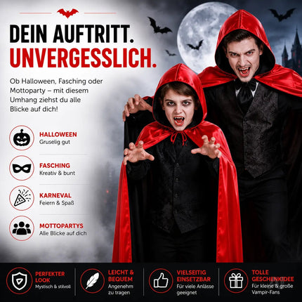Vampirkostüm Umhang rot & schwarz mit Kaputze - für Kinder & Erwachsene - Fasching & Karneval
