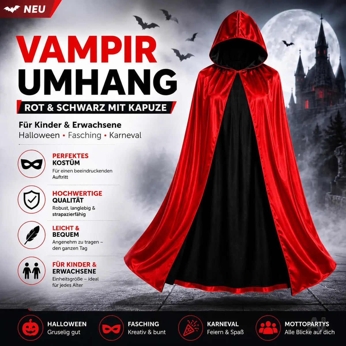Vampirkostüm Umhang rot & schwarz mit Kapuze - für Kinder & Erwachsene - Fasching & Karneval – Detailansicht 3