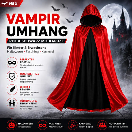 Vampirkostüm Umhang rot & schwarz mit Kaputze - für Kinder & Erwachsene - Fasching & Karneval