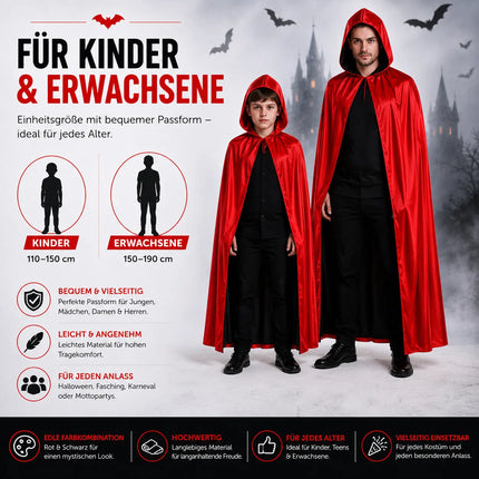 Vampirkostüm Umhang rot & schwarz mit Kaputze - für Kinder & Erwachsene - Fasching & Karneval