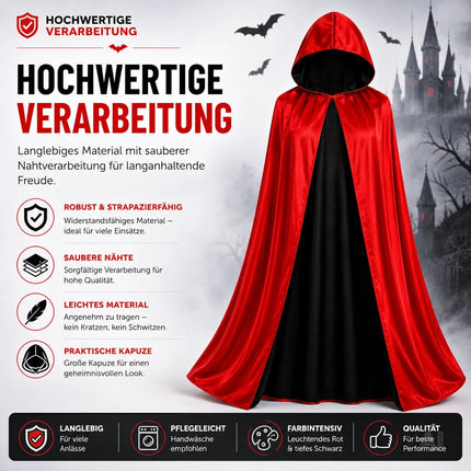 Vampirkostüm Umhang rot & schwarz mit Kaputze - für Kinder & Erwachsene - Fasching & Karneval