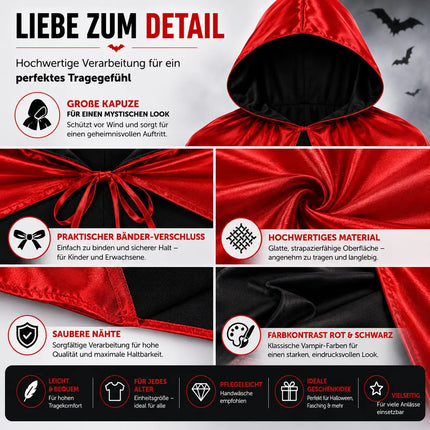 Vampirkostüm Umhang rot & schwarz mit Kaputze - für Kinder & Erwachsene - Fasching & Karneval