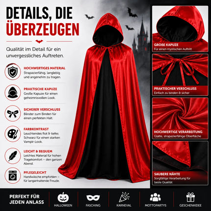 Vampirkostüm Umhang rot & schwarz mit Kaputze - für Kinder & Erwachsene - Fasching & Karneval