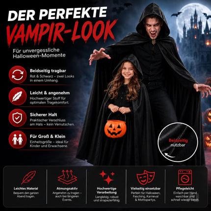 Vampirkostüm - Umhang schwarz mit Kaputze - Verkleidung für Halloween & Fasching