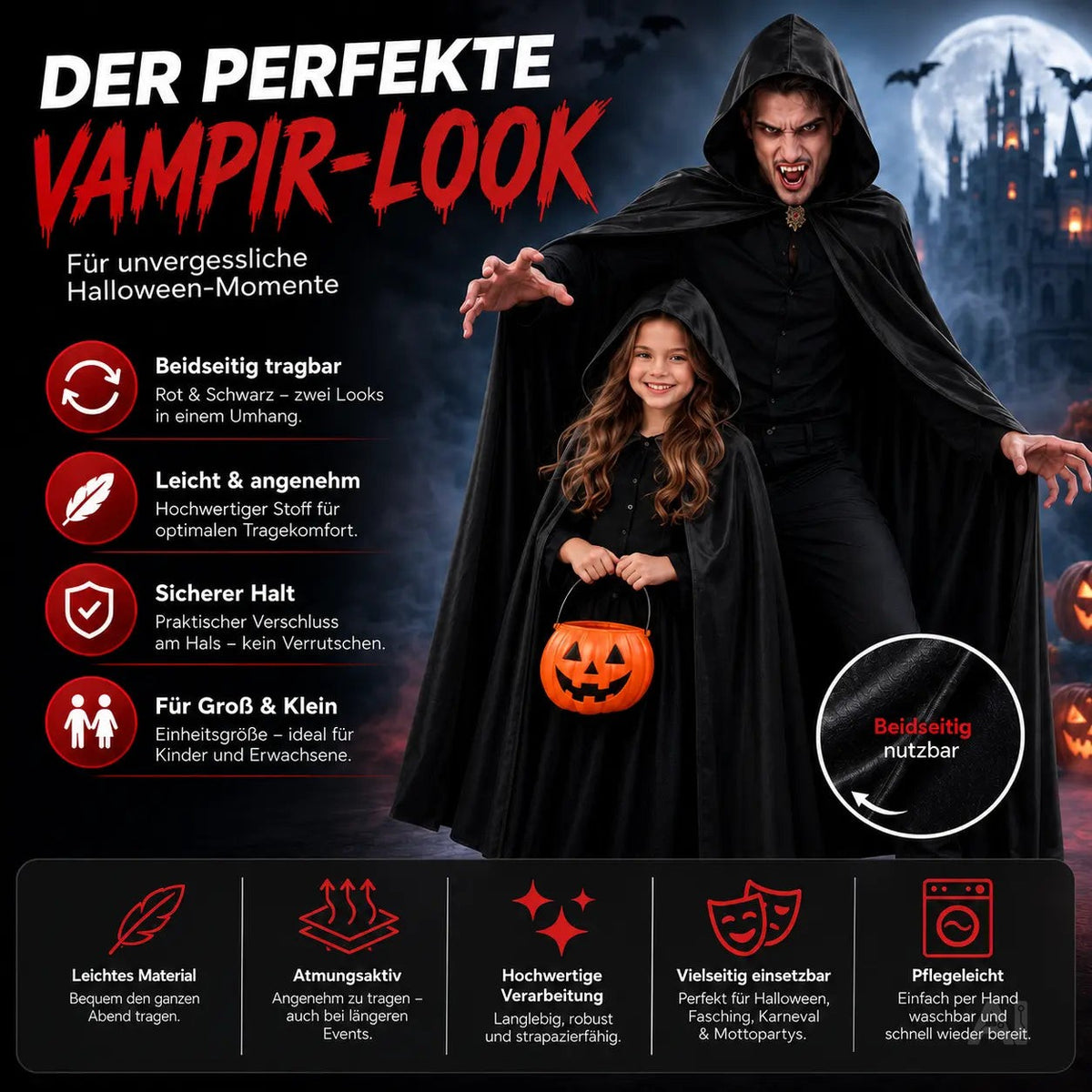 Vampirkostüm - Umhang schwarz mit Kapuze - Verkleidung für Halloween & Fasching – Detailansicht 2