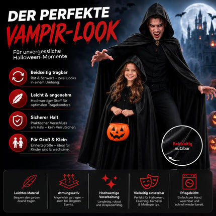 Vampirkostüm - Umhang schwarz mit Kaputze - Verkleidung für Halloween & Fasching
